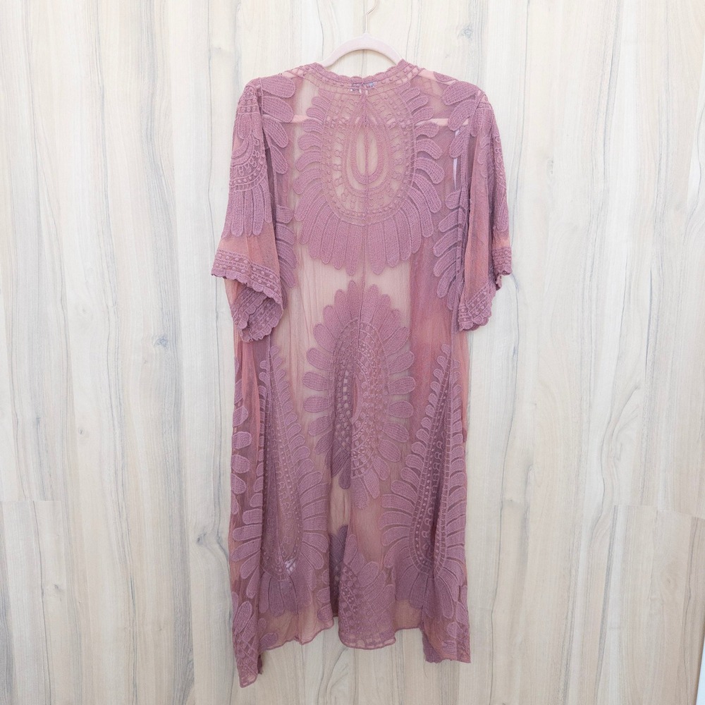 Rebellion Womens Lace Sheer Kimono M Mauve Pink Embroidered Boho Festival Fairy - Picture 6 of 8